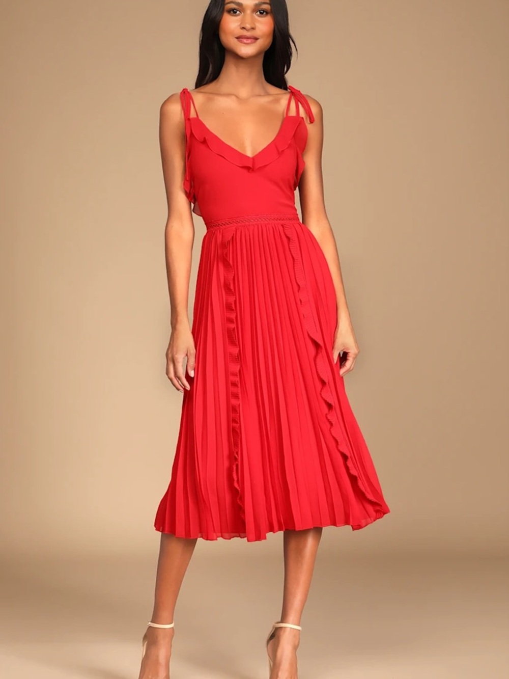 Lulu's Red Ruffle Pleated Midi Dress - Picture 4 of 6